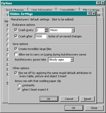 [Default Settings dialog with options to crash every 2 hours, create incredibly large files, and to disable the ability to type during auto saves.]